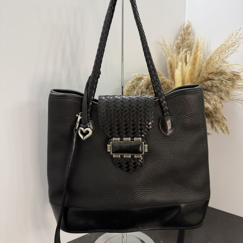 Brighton Black Pebbled Leather Braided Handles Bag Purse Crossbody Quality